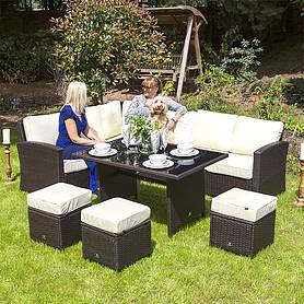 Katie Blake Garden Rattan Corner Sofa Dining Set 9 Seater in Taupe Brown Includes Cushions